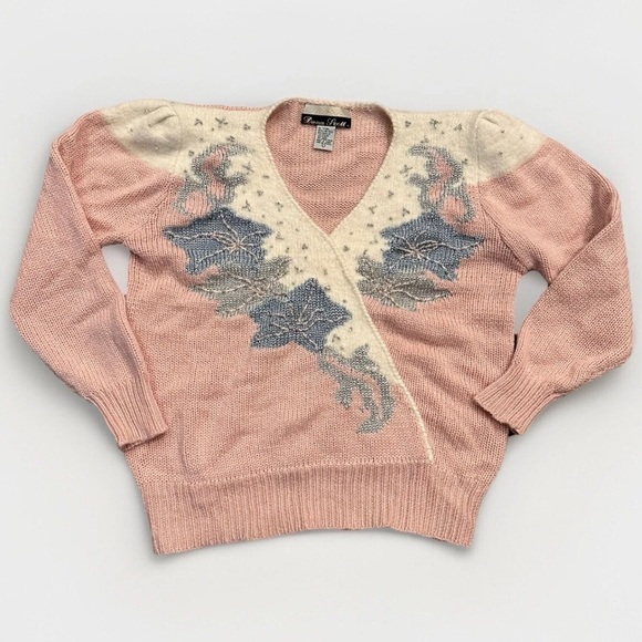 VTG Dana Scott Sweater Silver Beads Metallic Thread Pink Blue Fuzzy V-Neck Large - Picture 1 of 8
